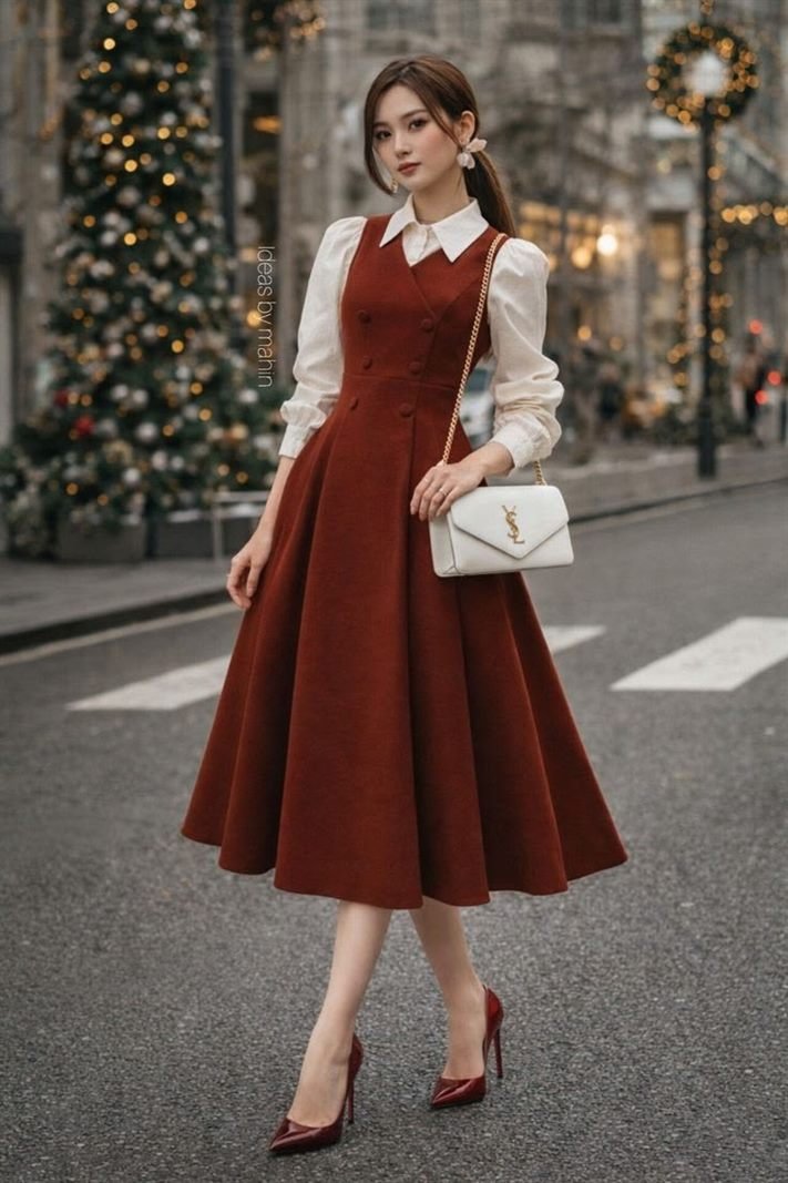 Vestido Midi Terracota Estilo Retrô